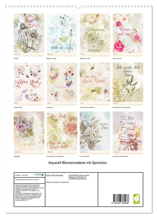 Aquarell Blumenmalerei mit Sprüchen (CALVENDO Premium Wandkalender 2026)