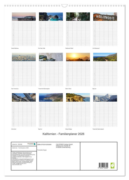 Kalifornien - Familienplaner 2026 (CALVENDO Wandkalender 2026)