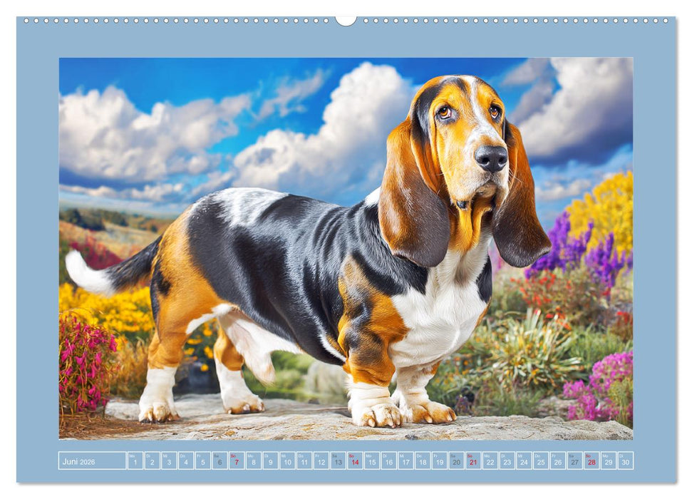 Schlappohren-Zauber. Fröhliche Bassets in bunten Momenten (CALVENDO Wandkalender 2026)