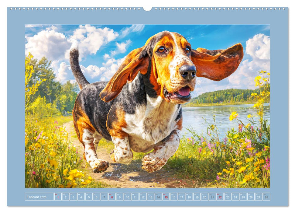 Schlappohren-Zauber. Fröhliche Bassets in bunten Momenten (CALVENDO Premium Wandkalender 2026)