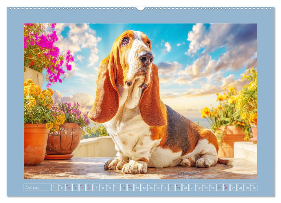 Schlappohren-Zauber. Fröhliche Bassets in bunten Momenten (CALVENDO Premium Wandkalender 2026)