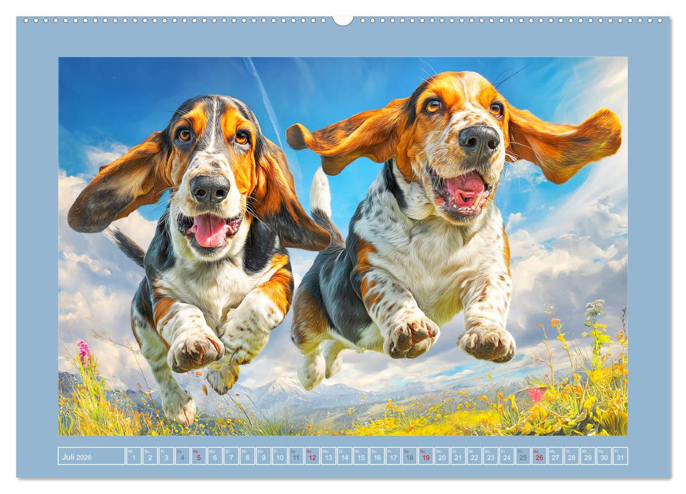 Schlappohren-Zauber. Fröhliche Bassets in bunten Momenten (CALVENDO Premium Wandkalender 2026)
