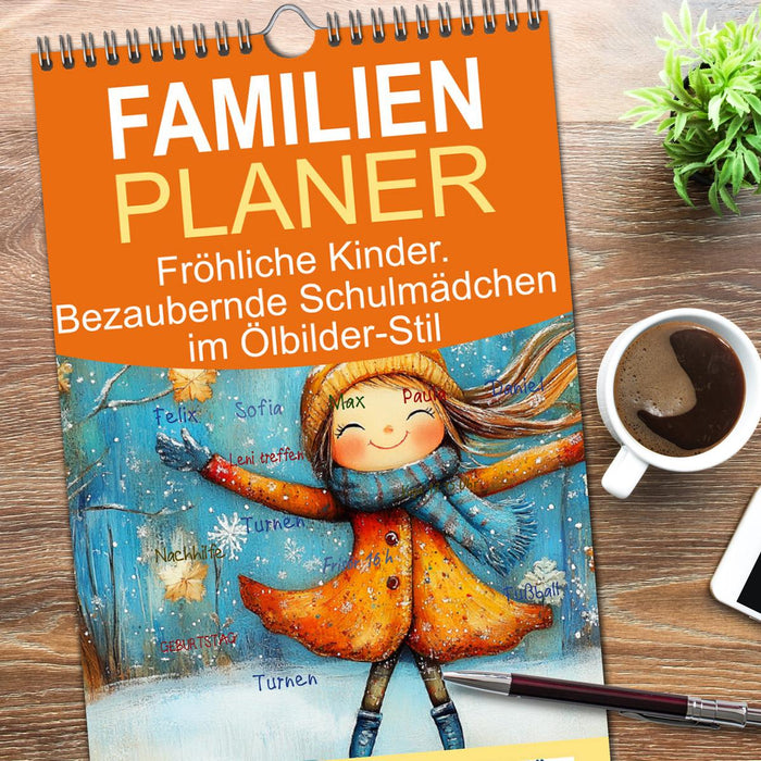Fröhliche Kinder. Bezaubernde Schulmädchen im Ölbilder-Stil (CALVENDO Familienplaner 2026)