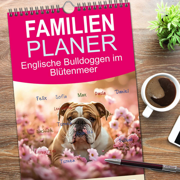Englische Bulldoggen im Blütenmeer (CALVENDO Familienplaner 2026)