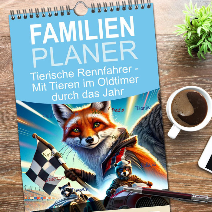 Tierische Rennfahrer - Mit Tieren im Oldtimer durch das Jahr (CALVENDO Familienplaner 2026)