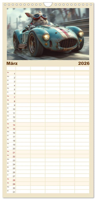 Tierische Rennfahrer - Mit Tieren im Oldtimer durch das Jahr (CALVENDO Familienplaner 2026)