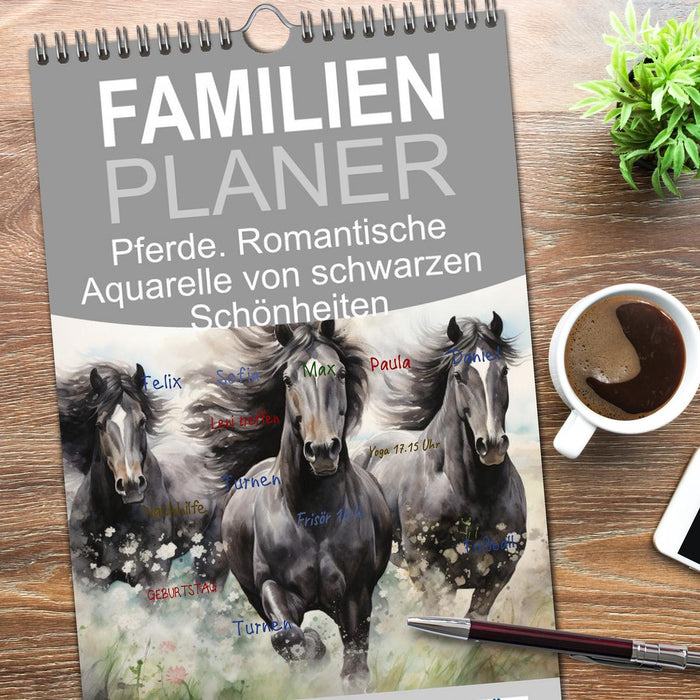 Pferde. Romantische Aquarelle von schwarzen Schönheiten (CALVENDO Familienplaner 2026)