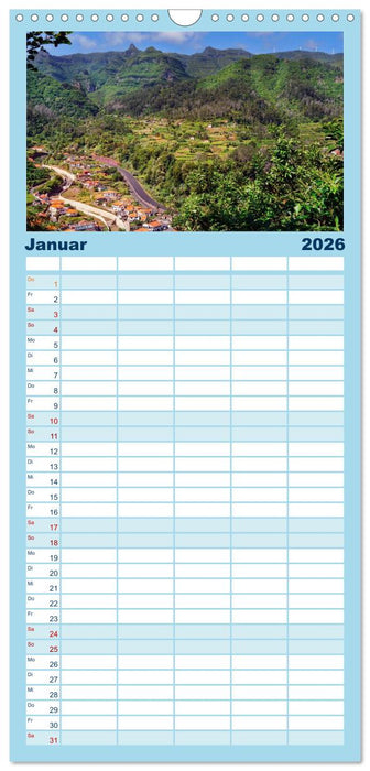 Madeira - blaues Wasser, grüne Berge, bunte Blumen (CALVENDO Familienplaner 2026)