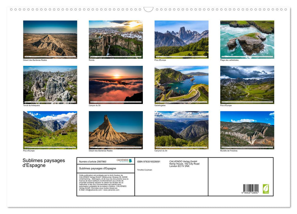 Sublimes paysages d'Espagne (CALVENDO Calendrier mensuel 2026)
