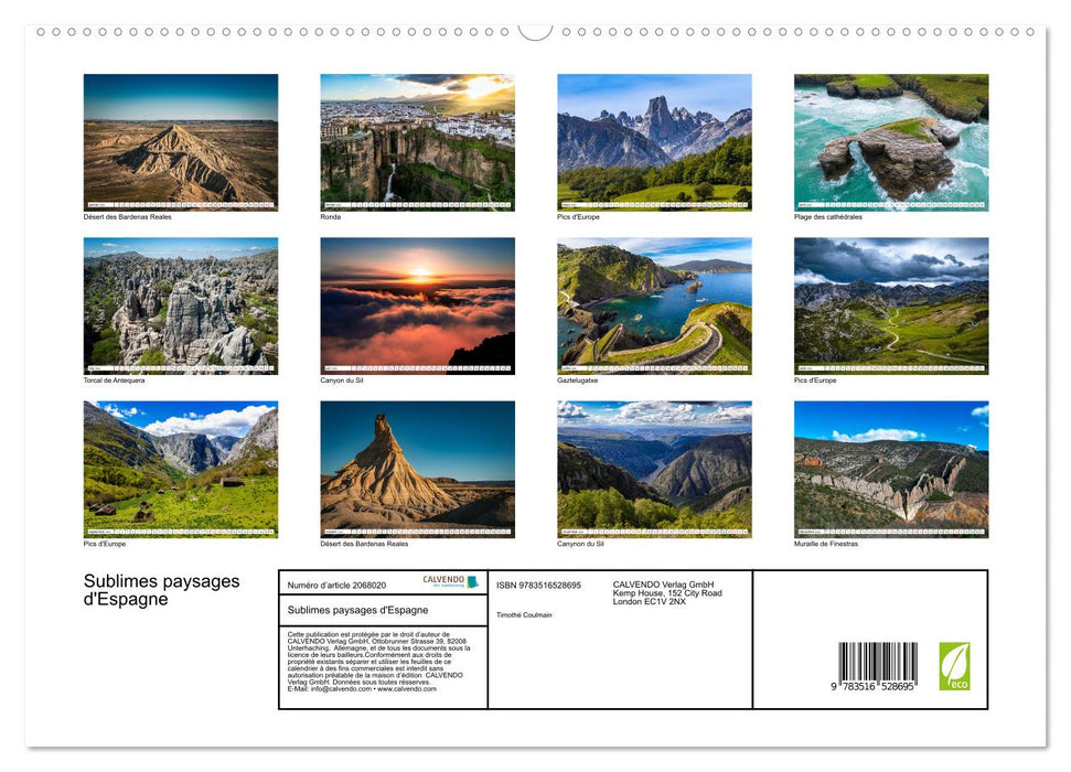 Sublimes paysages d'Espagne (CALVENDO Calendrier supérieur 2026)
