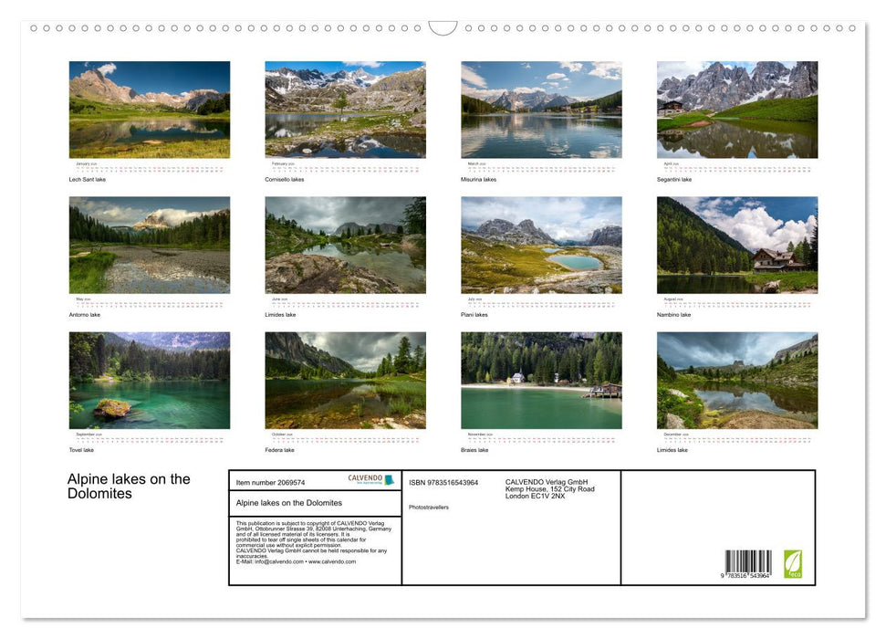 Alpine lakes on the Dolomites (CALVENDO Monthly Calendar 2026)