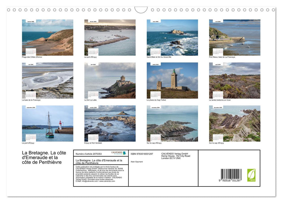 La Bretagne. La côte d'Emeraude et la côte de Penthièvre (CALVENDO Calendrier mensuel 2026)