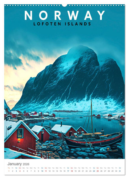 Lofoten Islands - Old School Poster Style (CALVENDO Premium-Calendar 2026)