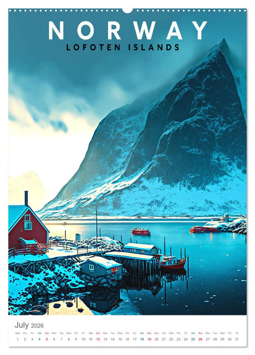 Lofoten Islands - Old School Poster Style (CALVENDO Premium-Calendar 2026)