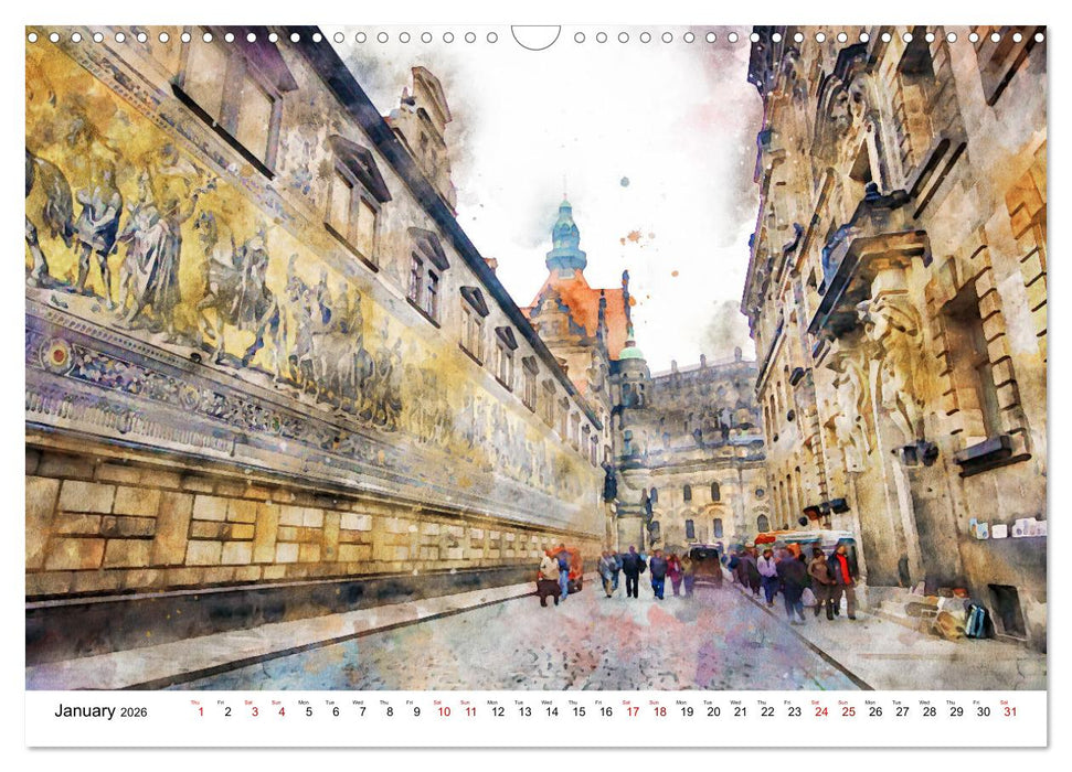 Dresden in watercolours - Tour through the historic old town (CALVENDO Monthly Calendar 2026)