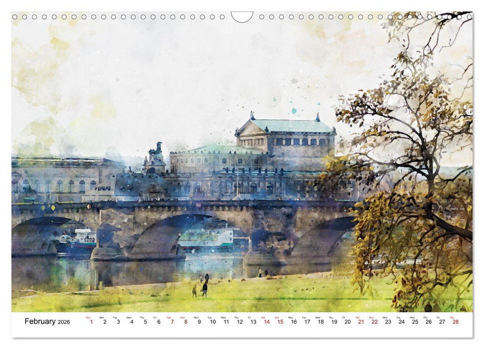 Dresden in watercolours - Tour through the historic old town (CALVENDO Monthly Calendar 2026)