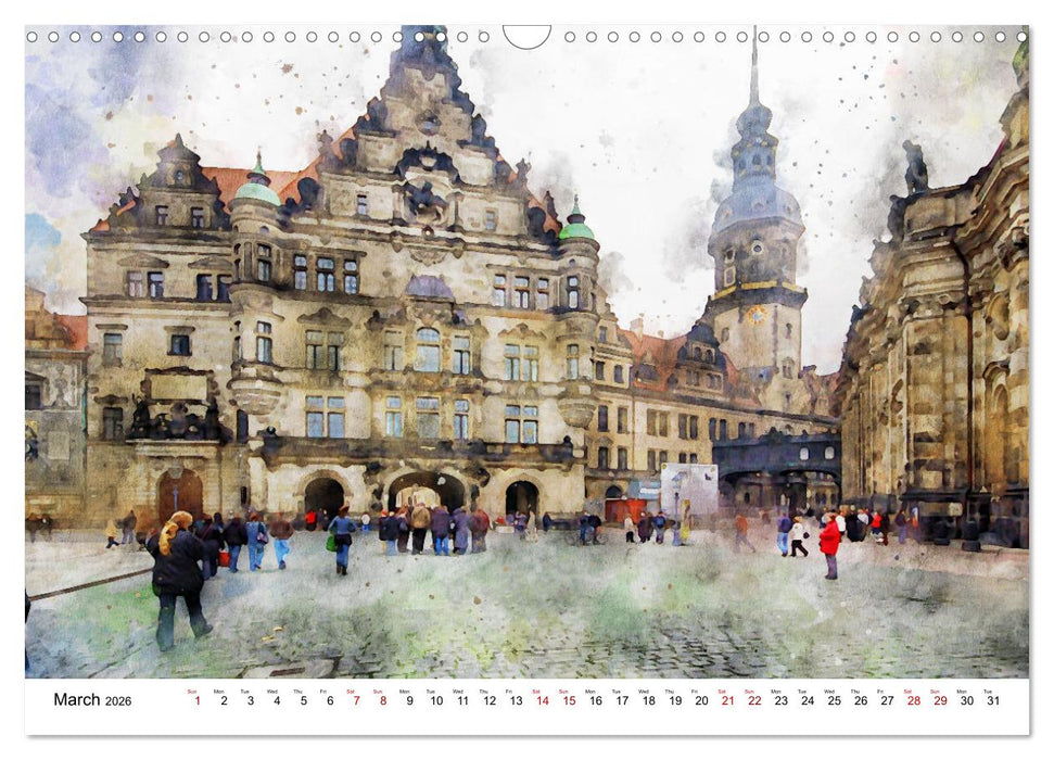 Dresden in watercolours - Tour through the historic old town (CALVENDO Monthly Calendar 2026)