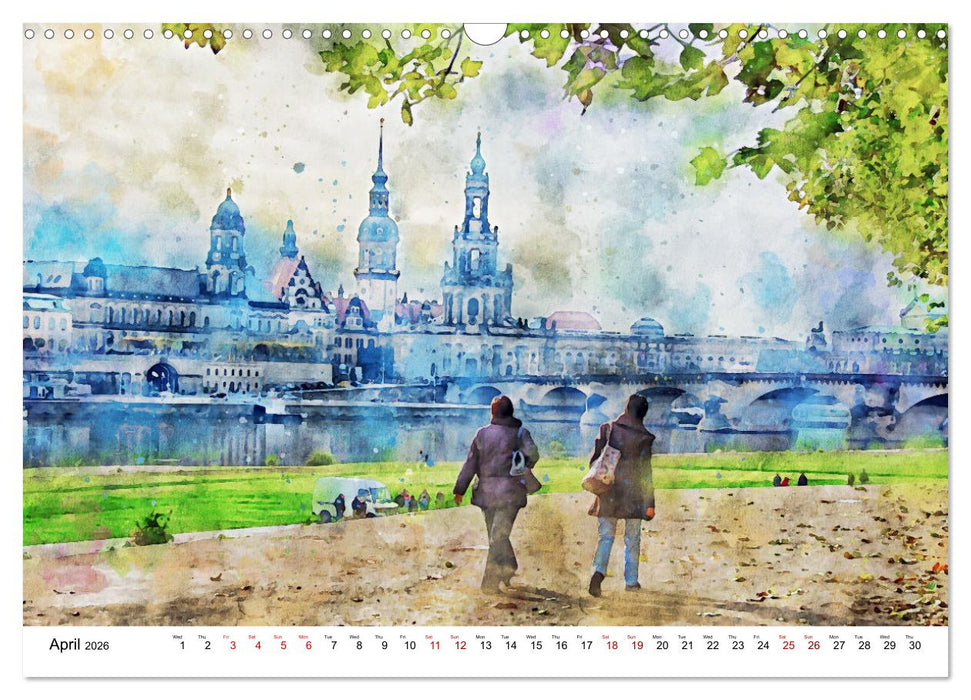Dresden in watercolours - Tour through the historic old town (CALVENDO Monthly Calendar 2026)