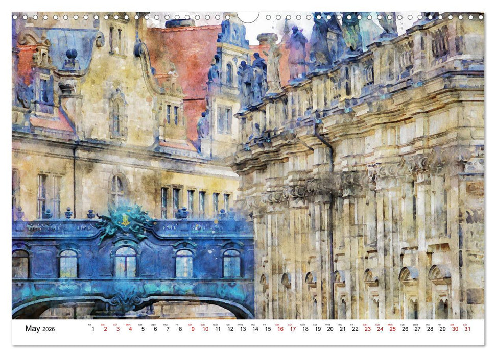 Dresden in watercolours - Tour through the historic old town (CALVENDO Monthly Calendar 2026)