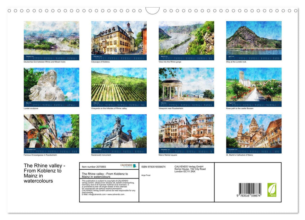 The Rhine valley - From Koblenz to Mainz in watercolours (CALVENDO Monthly Calendar 2026)