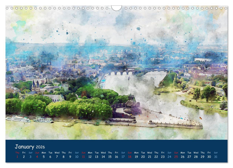 The Rhine valley - From Koblenz to Mainz in watercolours (CALVENDO Monthly Calendar 2026)