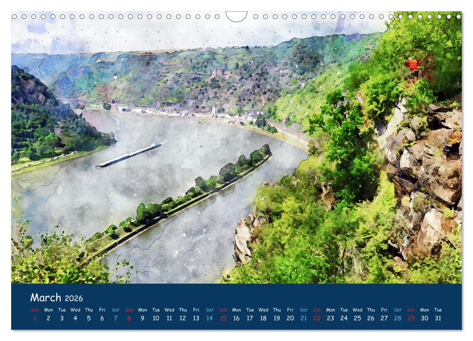 The Rhine valley - From Koblenz to Mainz in watercolours (CALVENDO Monthly Calendar 2026)