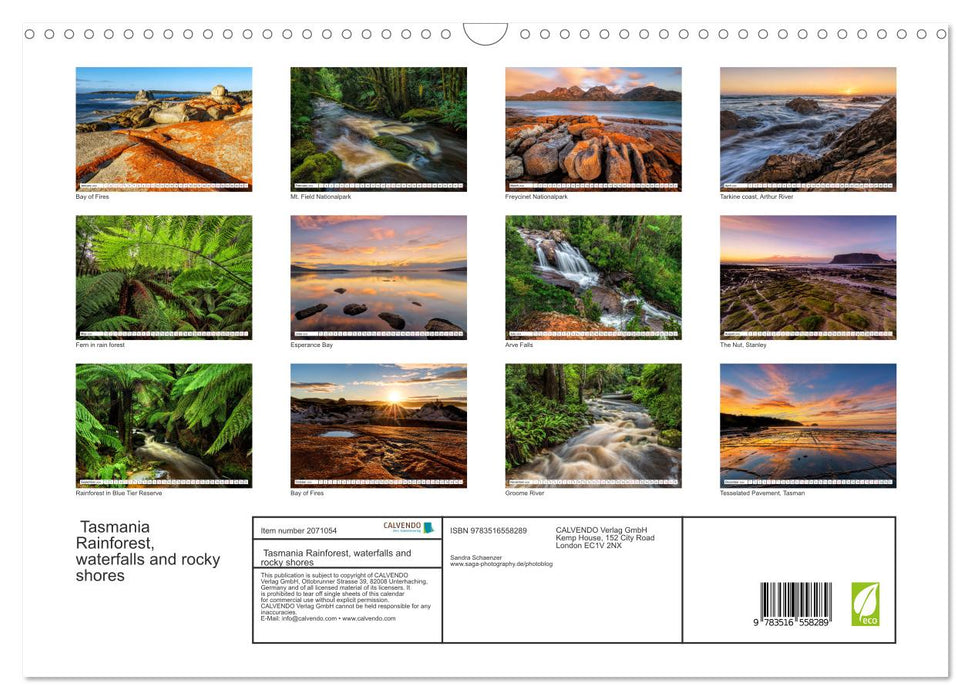 Tasmania Rainforest, waterfalls and rocky shores (CALVENDO Monthly Calendar 2026)