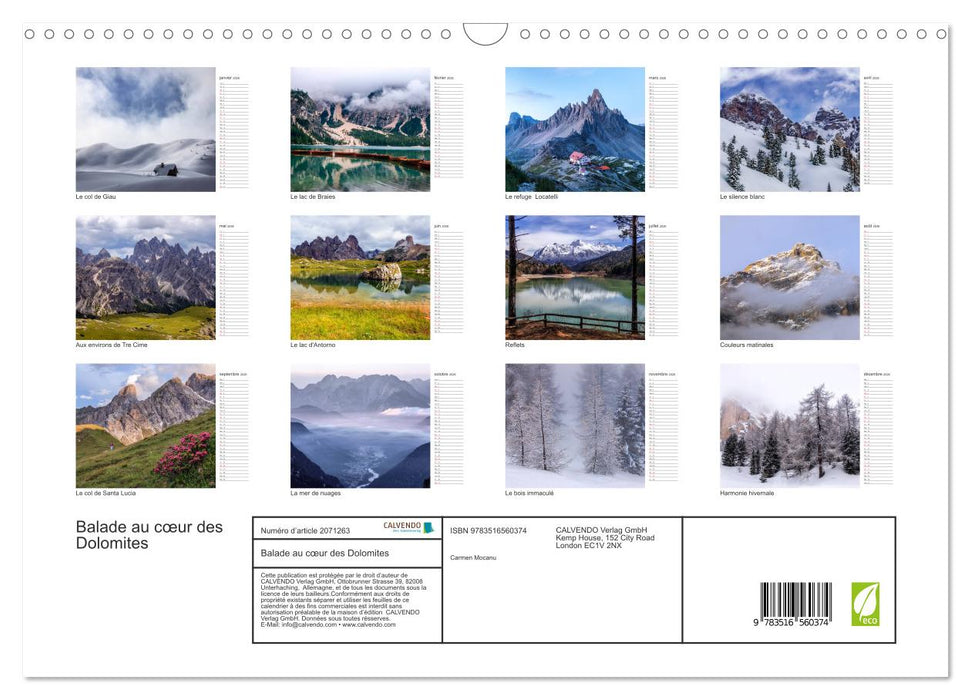 Balade au cœur des Dolomites (CALVENDO Calendrier mensuel 2026)