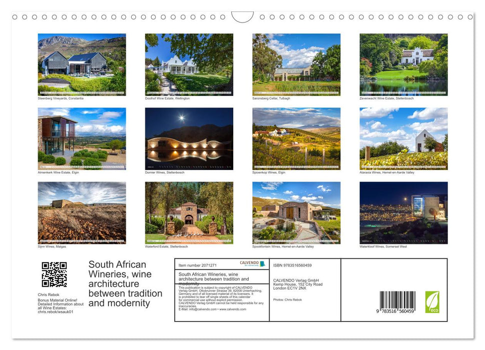 South African Wineries, wine architecture between tradition and modernity (CALVENDO Monthly Calendar 2026)