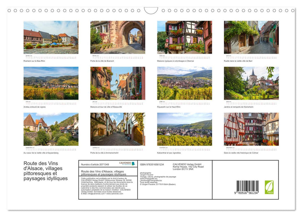 Route des Vins d'Alsace, villages pittoresques et paysages idylliques (CALVENDO Calendrier mensuel 2026)