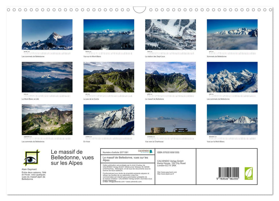 Le massif de Belledonne, vues sur les Alpes (CALVENDO Calendrier mensuel 2026)