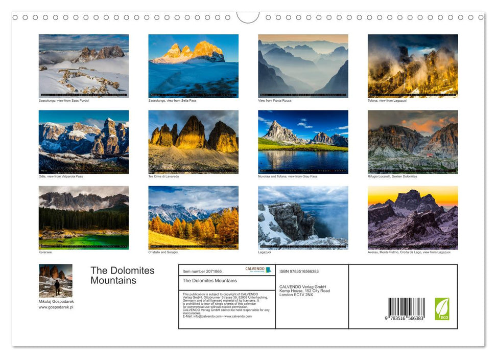 The Dolomites Mountains (CALVENDO Monthly Calendar 2026)