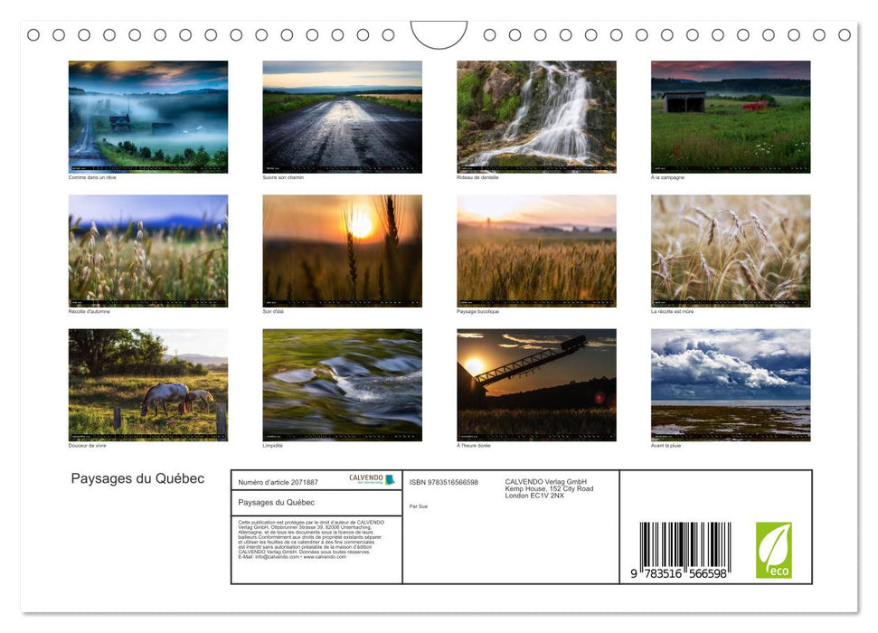 Paysages du Québec (CALVENDO Calendrier mensuel 2026)