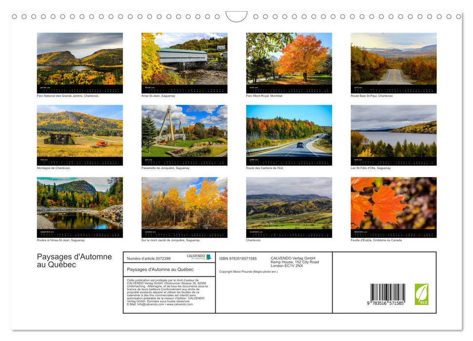 Paysages d'Automne au Québec (CALVENDO Calendrier mensuel 2026)