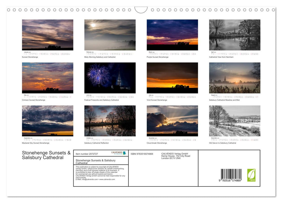 Stonehenge Sunsets & Salisbury Cathedral (CALVENDO Monthly Calendar 2026)