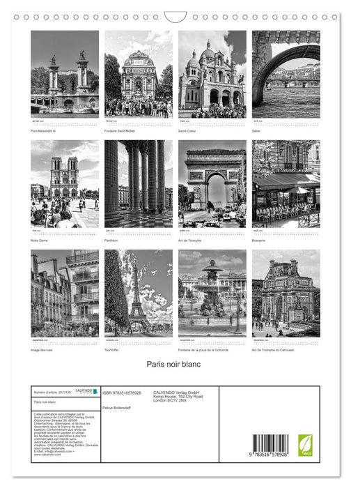 Paris noir blanc (CALVENDO Calendrier mensuel 2026)
