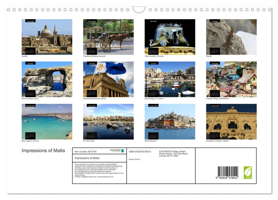 Impressions of Malta (CALVENDO Monthly Calendar 2026)