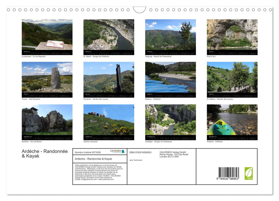 Ardèche - Randonnée & Kayak (CALVENDO Calendrier mensuel 2026)