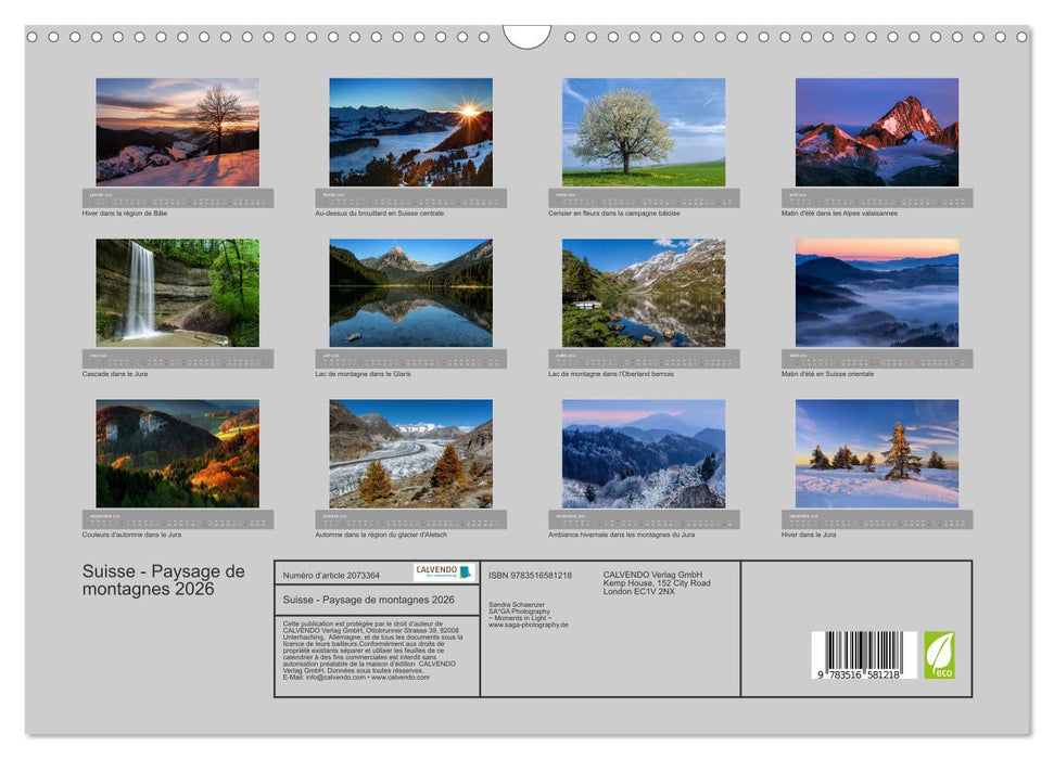 Suisse - Paysage de montagnes 2026 (CALVENDO Calendrier mensuel 2026)