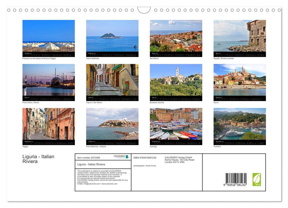 Liguria - Italian Riviera (CALVENDO Monthly Calendar 2026)