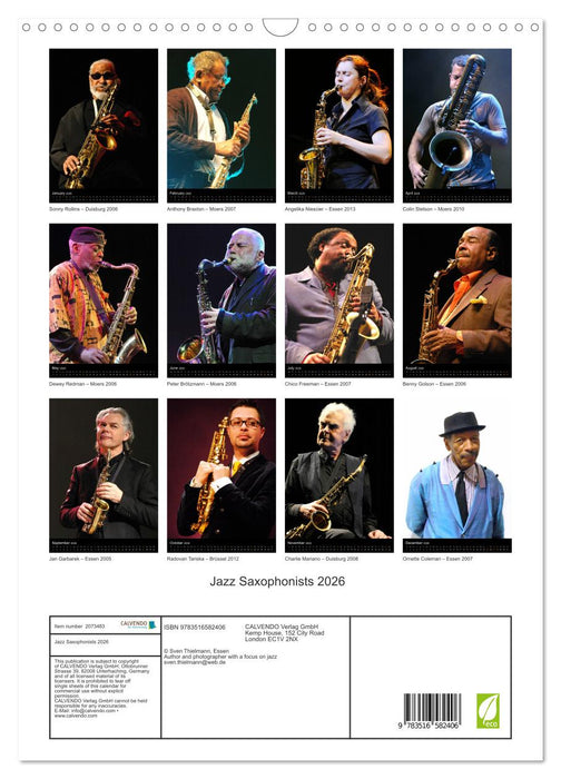 Jazz Saxophonists 2026 (CALVENDO Monthly Calendar 2026)