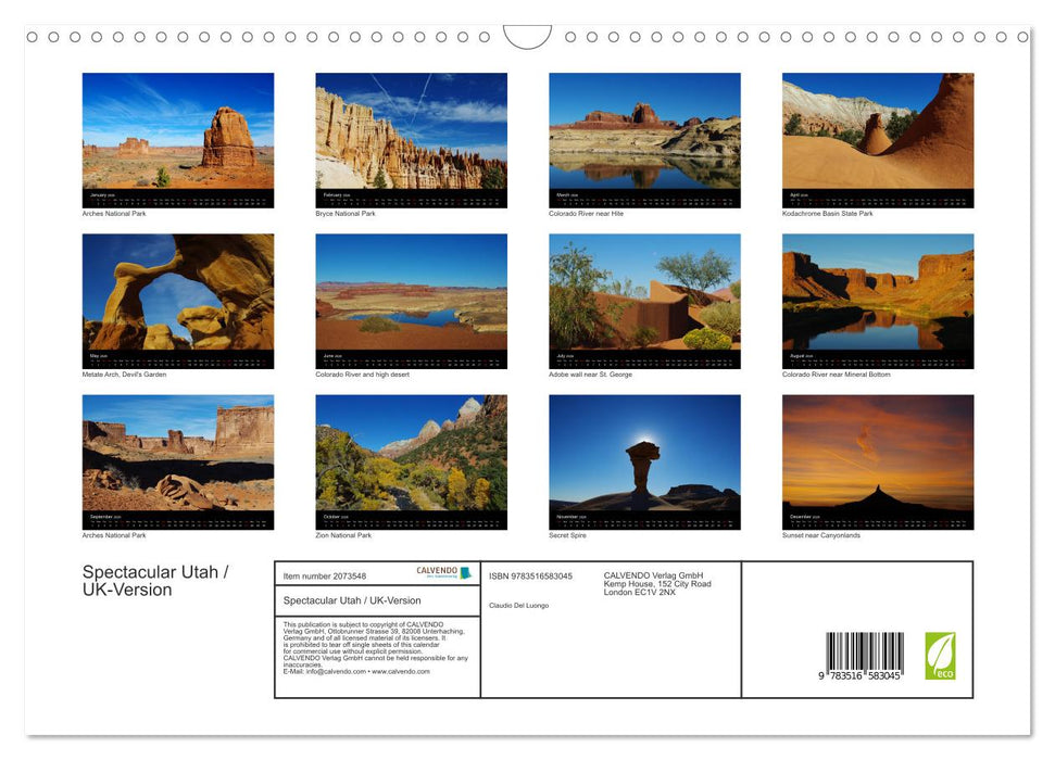 Spectacular Utah / UK-Version (CALVENDO Monthly Calendar 2026)
