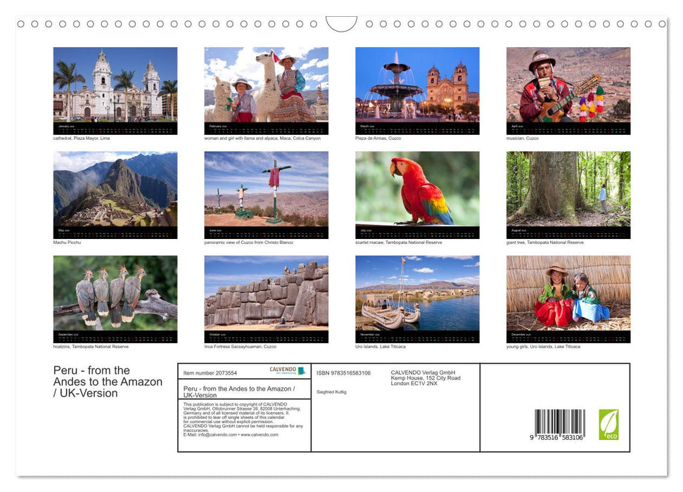 Peru - from the Andes to the Amazon / UK-Version (CALVENDO Monthly Calendar 2026)
