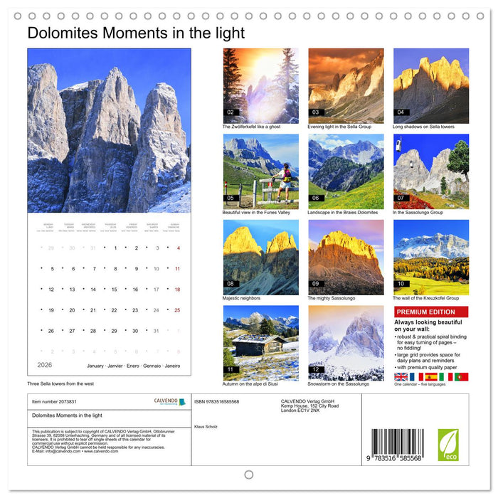 Dolomites Moments in the light (CALVENDO Monthly Calendar 2026)