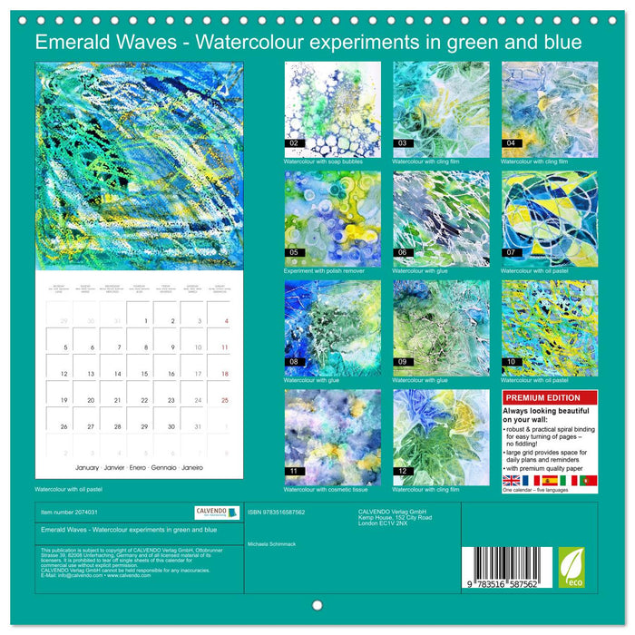 Emerald Waves - Watercolour experiments in green and blue (CALVENDO Monthly Calendar 2026)