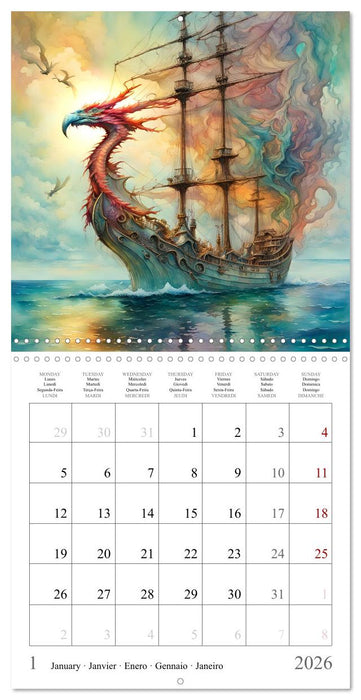 Voiliers-Dragons imaginaires (CALVENDO Calendrier mensuel 2026)