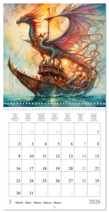 Voiliers-Dragons imaginaires (CALVENDO Calendrier mensuel 2026)