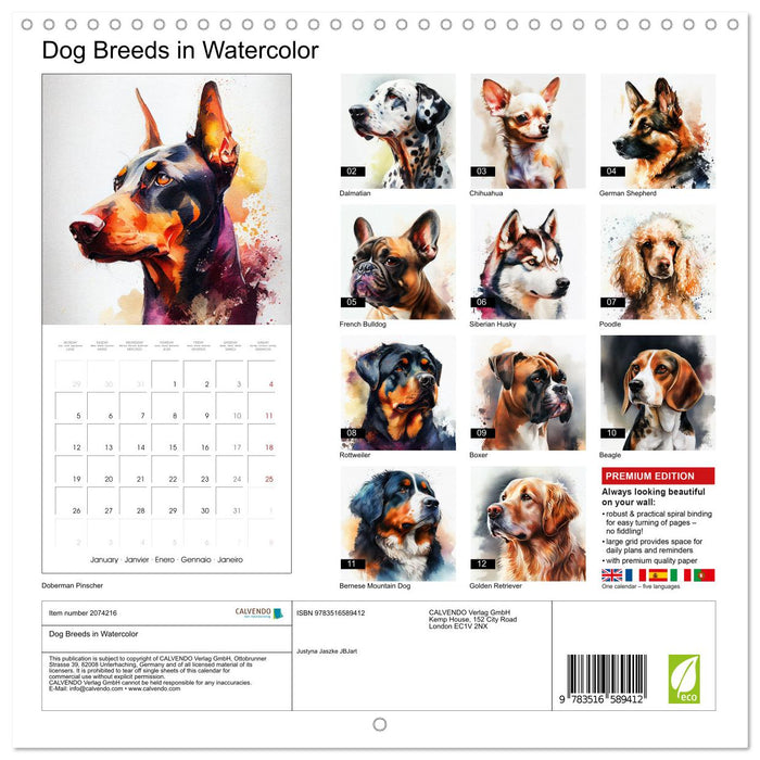 Dog Breeds in Watercolor (CALVENDO Monthly Calendar 2026)