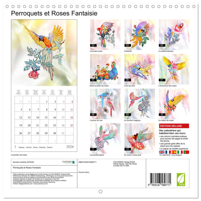 Perroquets et Roses Fantaisie (CALVENDO Calendrier mensuel 2026)
