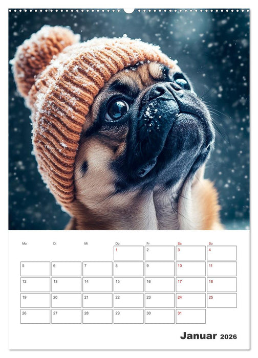 MOPS Pfotenglück in Faltenform (CALVENDO Wandkalender 2026)